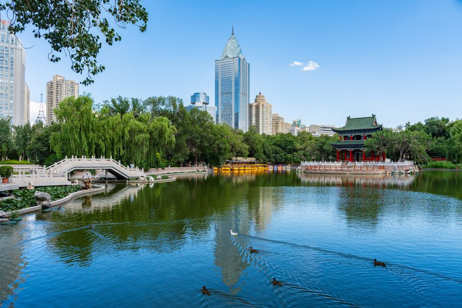 A park with Confucius Temple, trees, a bridge and ducks swimming in a pond.