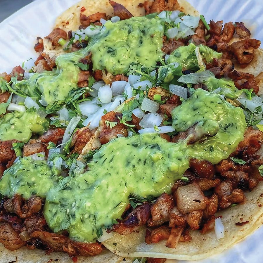 A paper plate loaded with soft tortillas, grilled meat, onion and guacamole