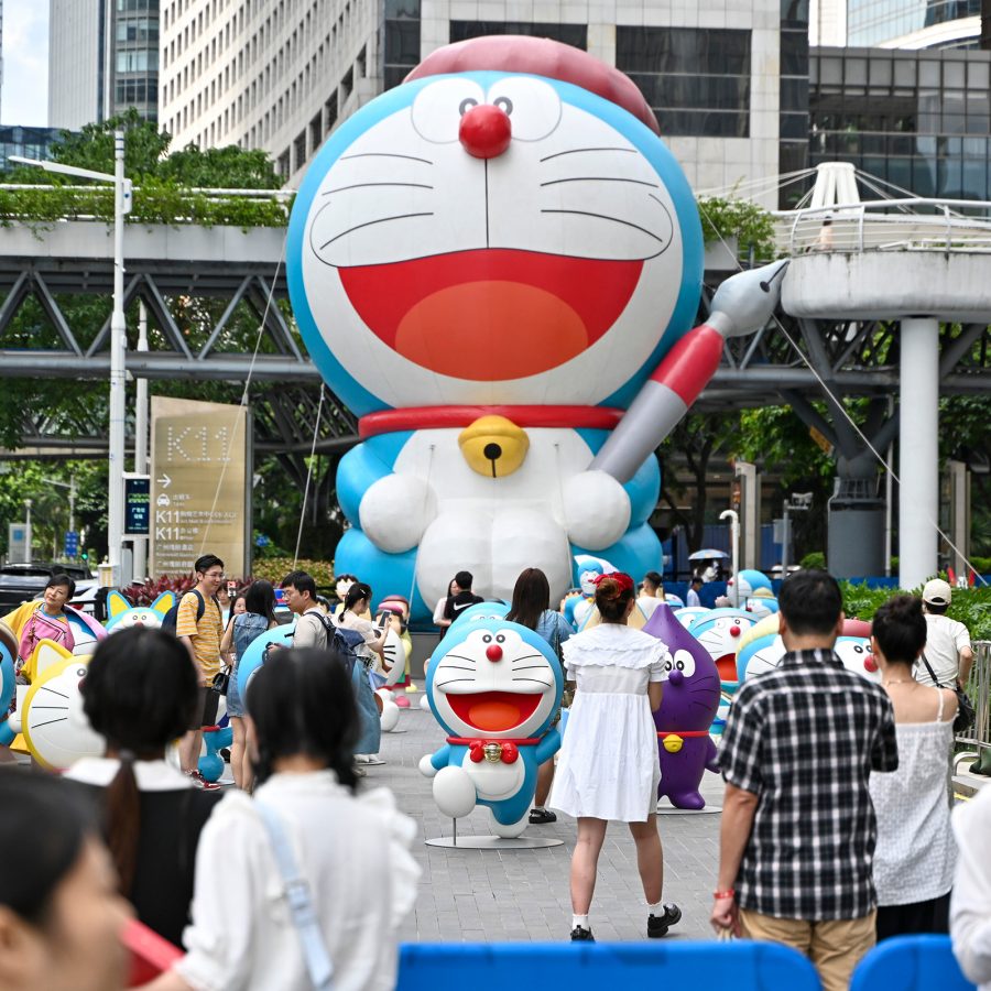 A huge Doraemon model holding onto a paintbrush at K11 Art Mall in Guangzhou