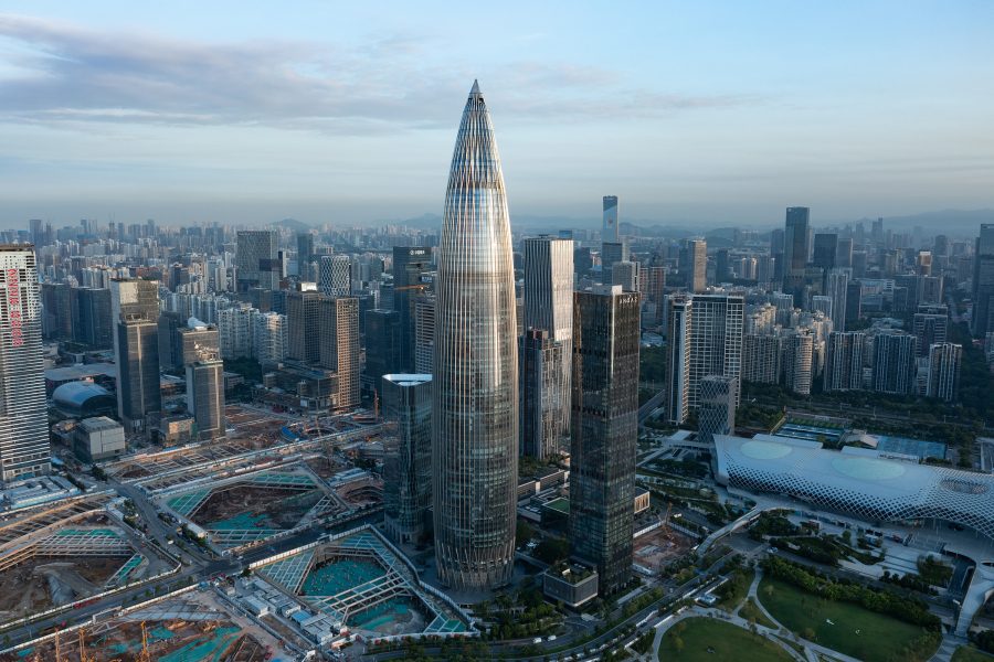  Bird’s eye view of China Resource Tower and Shenzhen cityscape on a cloudy day
