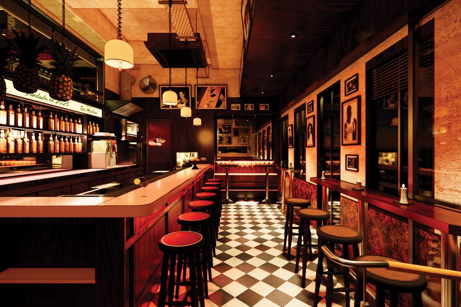 Interior of Montana bar in Hong Kong, with a countertop and red highchairs on the left and photographs on the wall to the right. The floor has black-and-white tiles.