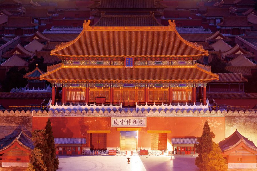 Beijing’s Forbidden City lit up at night.