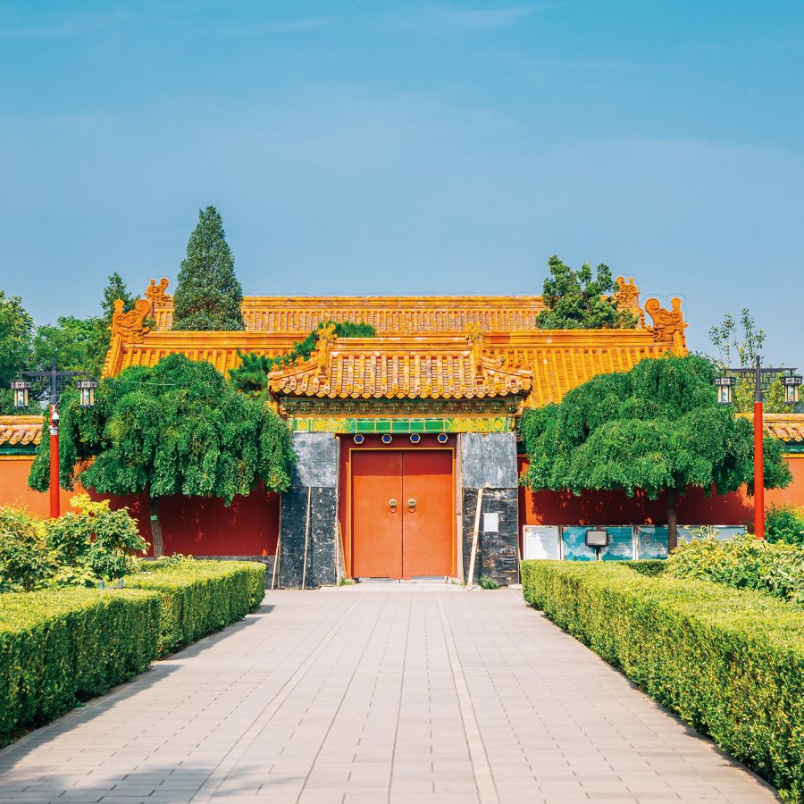 Exterior of a traditional, red Chinese entrance to Sanga Park.