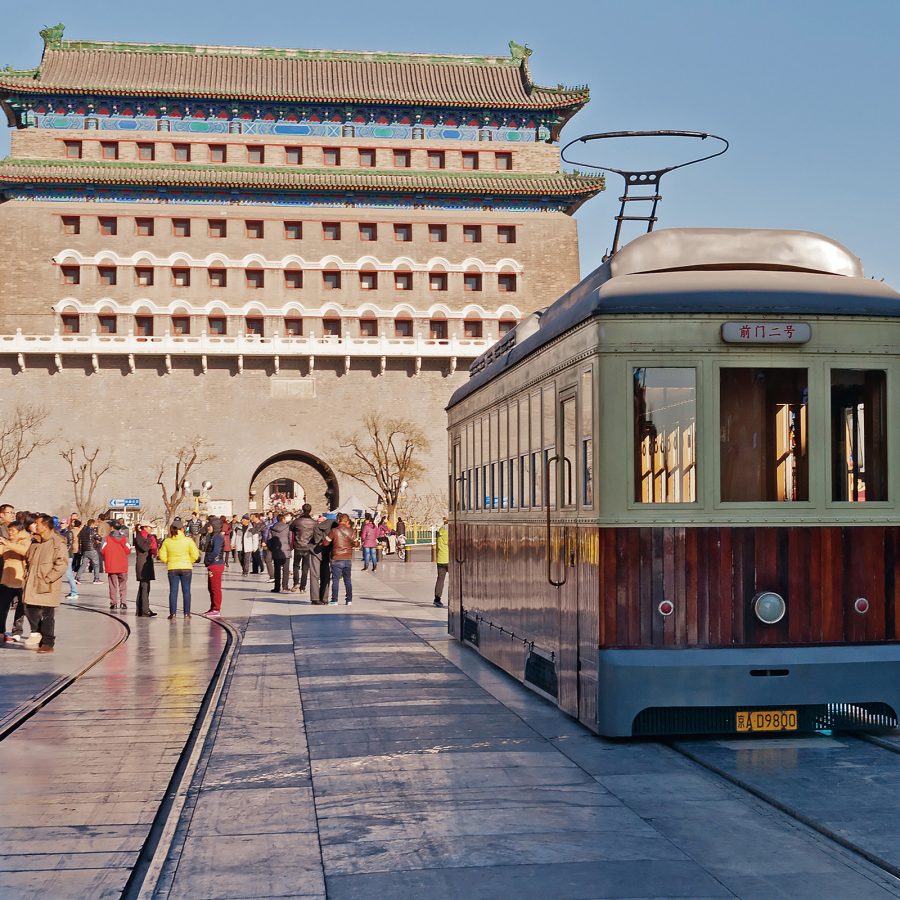 The retro-style Qianmen Street tram in front of Tiananmen Square, Biejing.