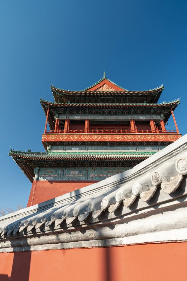 The drum tower: a red, traditional Chinese-style building, Beijing. 