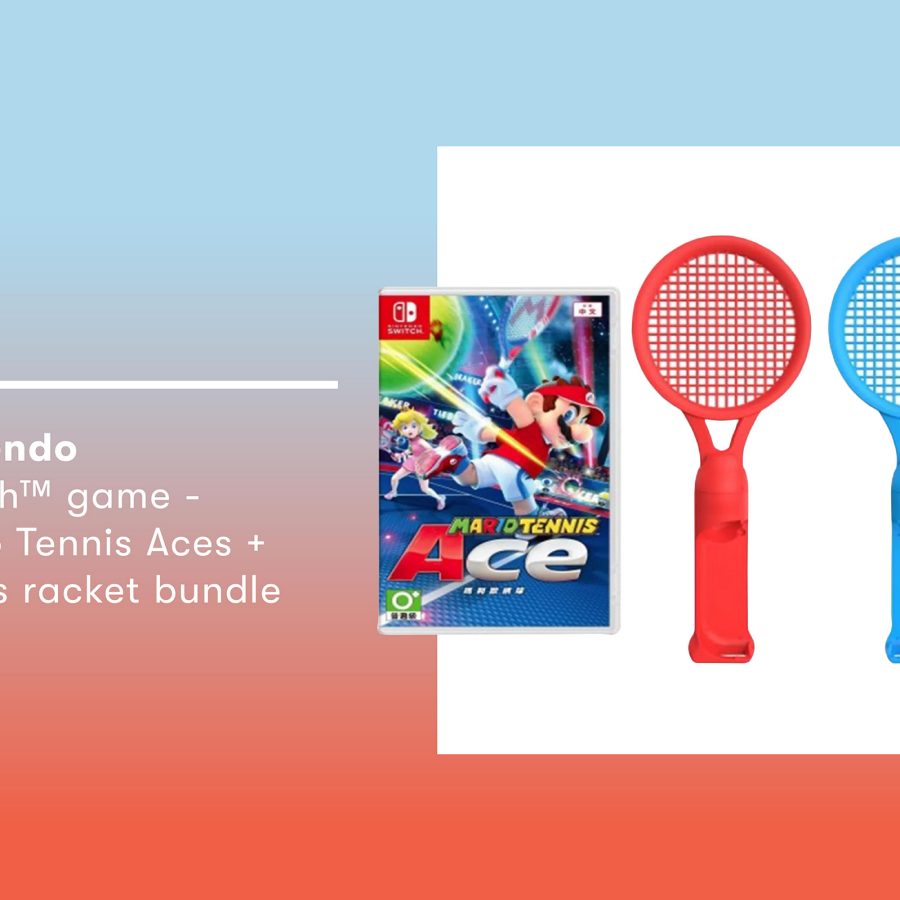 Product shot of the Nintendo Switch™ game Mario Tennis Aces + tennis racket bundle.