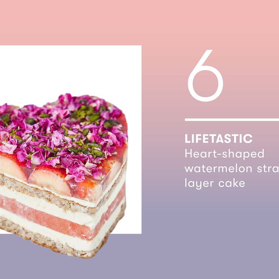 Product shot of the LIFETASTIC heart-shaped watermelon strawberry layer cake.