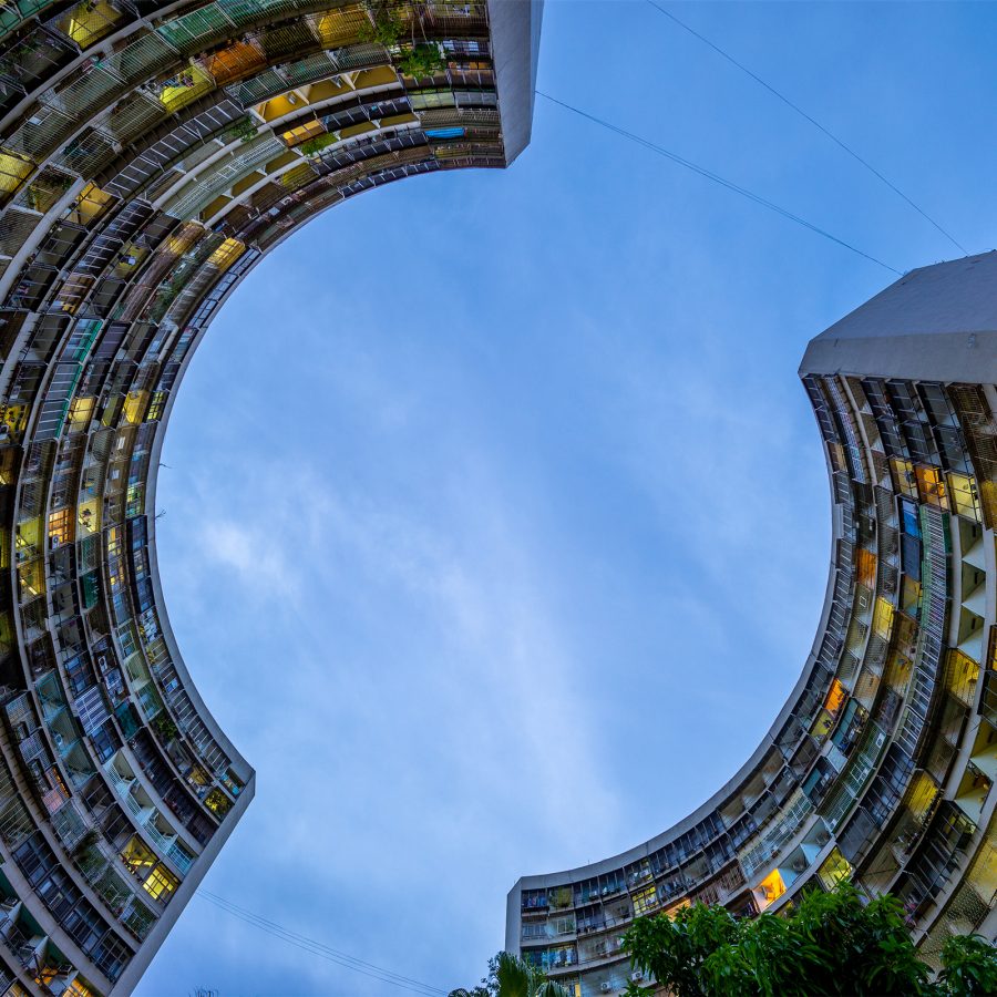 Guomao Community’s residential towers almost form a circle when seen from below. 