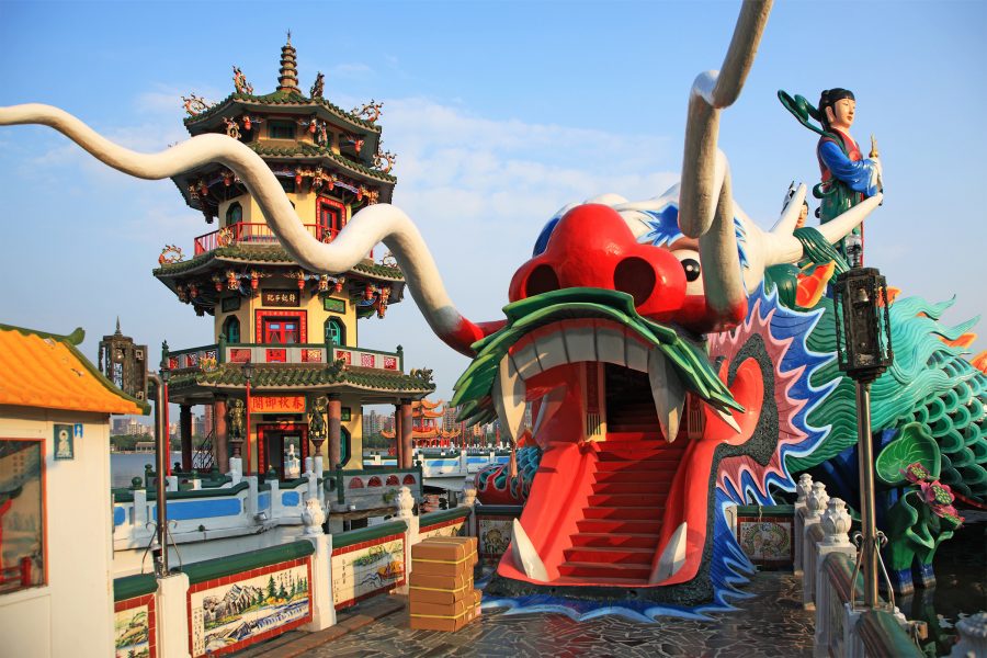 Ornate structures populate the area around Lotus Lake in Kaohsiung. 