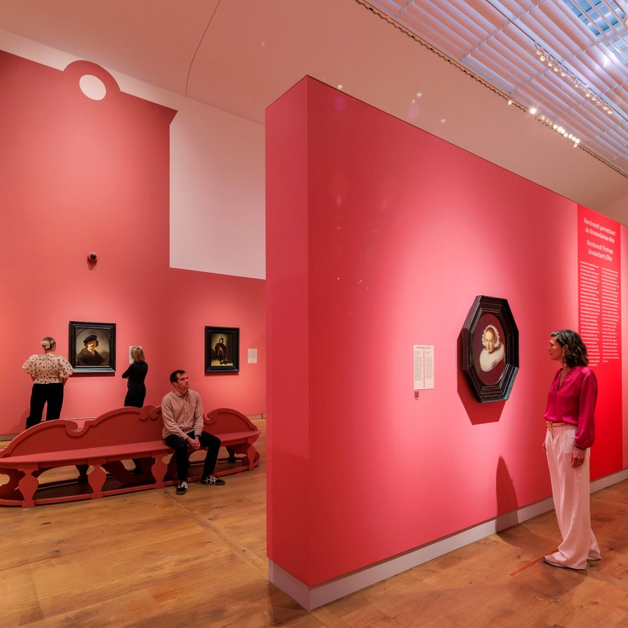 A view of the red interiors inside Rembrandt and Vermeer in H’art Museum 