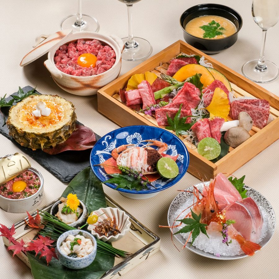 A spread of various sashimi , beef tartare and other dishes served at Saburo Japanese Yakiniku, Hong Kong