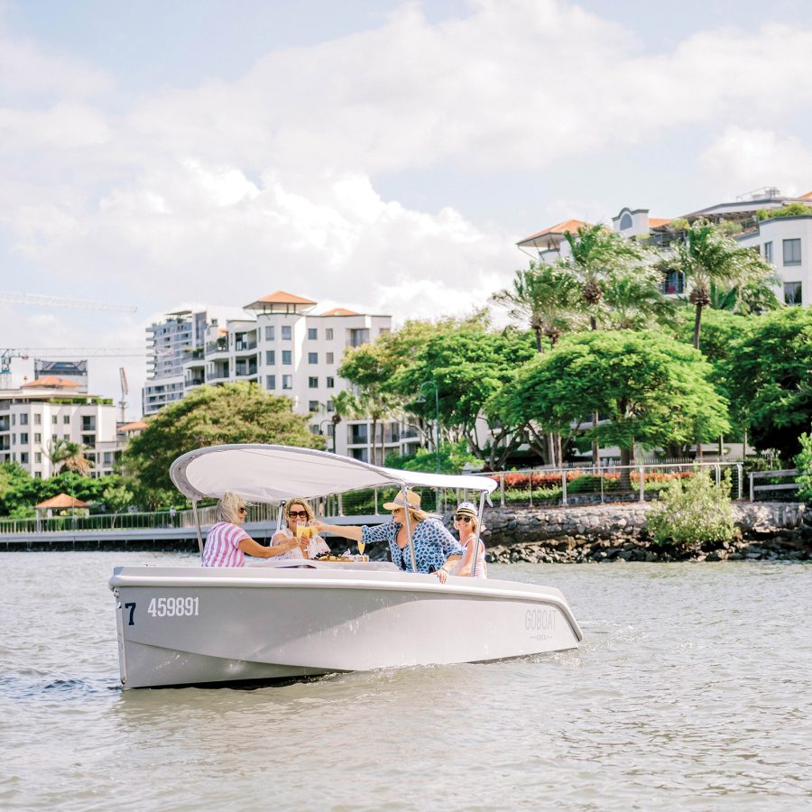 Women clinking glasses on a GoBoat electric boat on Brisbane River.