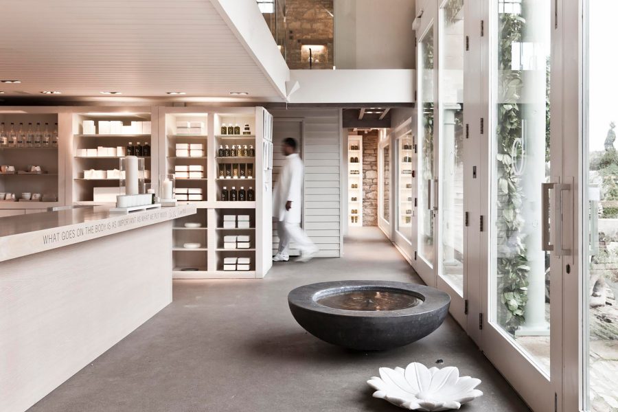 The lobby at the Bamford Wellness Spa, with a water feature.  