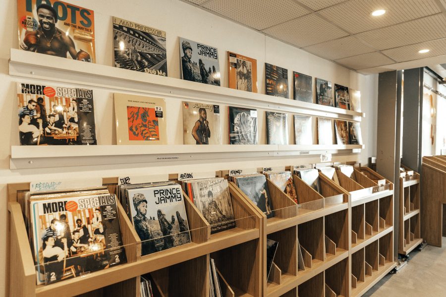 Interior view of vinyl records in The Flip Side music shop in Dubai