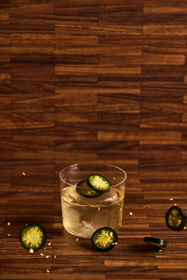 A closeup of a glass of spicy tequila served at Bar Oasis in Hong Kong.