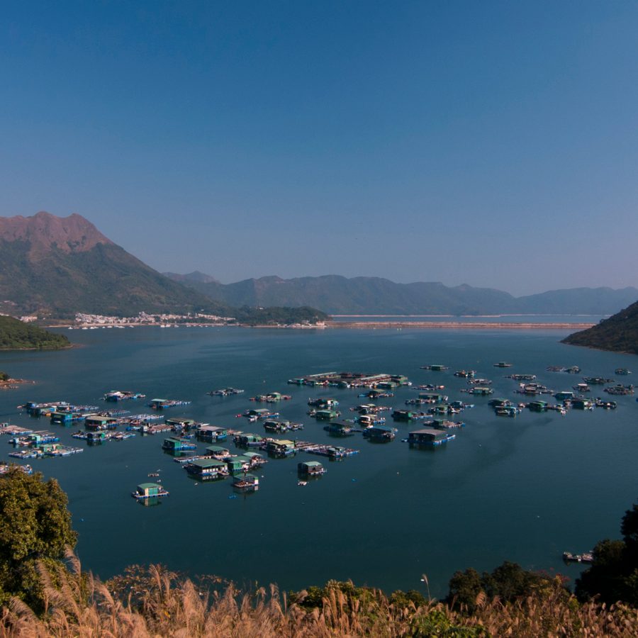 A body of water with boats in it and mountains in the background in Sai Kung West Country Park. 