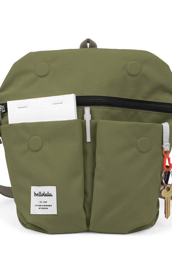 A product shot of Hellolulu’s Mini Kasen Shoulder Bag shows a small bag with three compartments in green. 