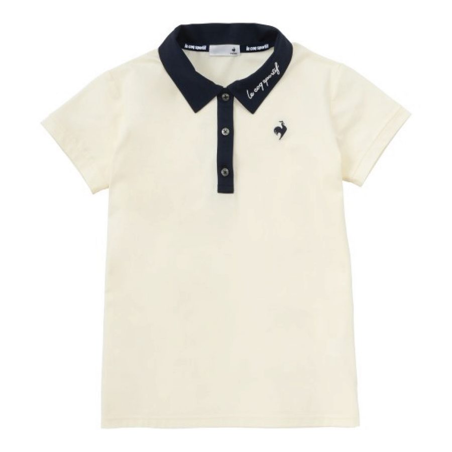 A product shot shows a white polo shirt with a navy collar for women from Le Coq Sportif. 