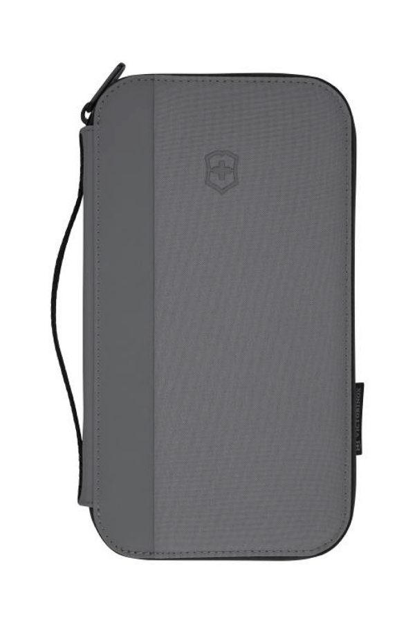 A product shot of Victorinox’s Travel Organiser displays the compact binder in grey. 