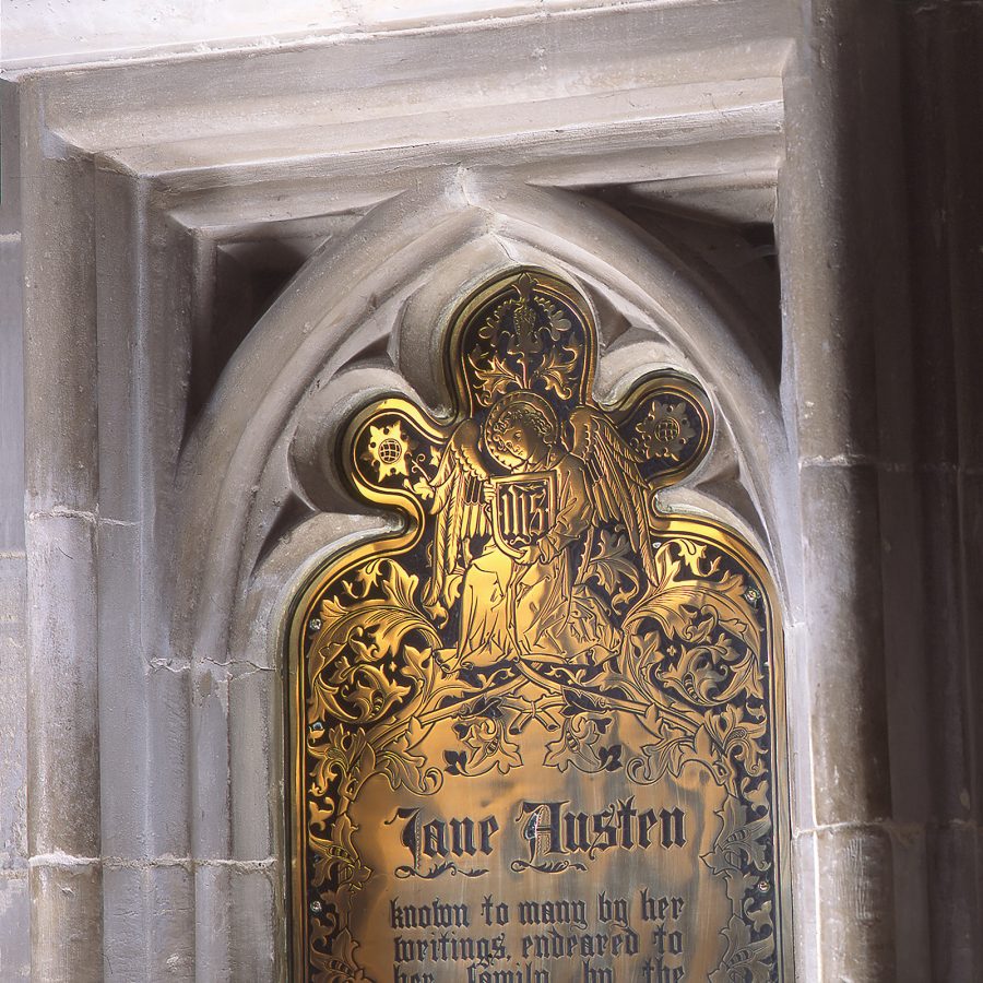 A plaque honouring Jane Austen at Winchester Cathedral.