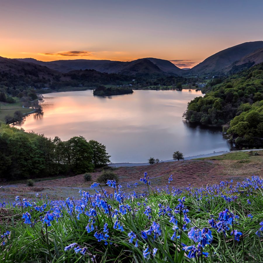 A lake in Grasmere, surrounded by bush, reflects the sunset-coloured sky.
