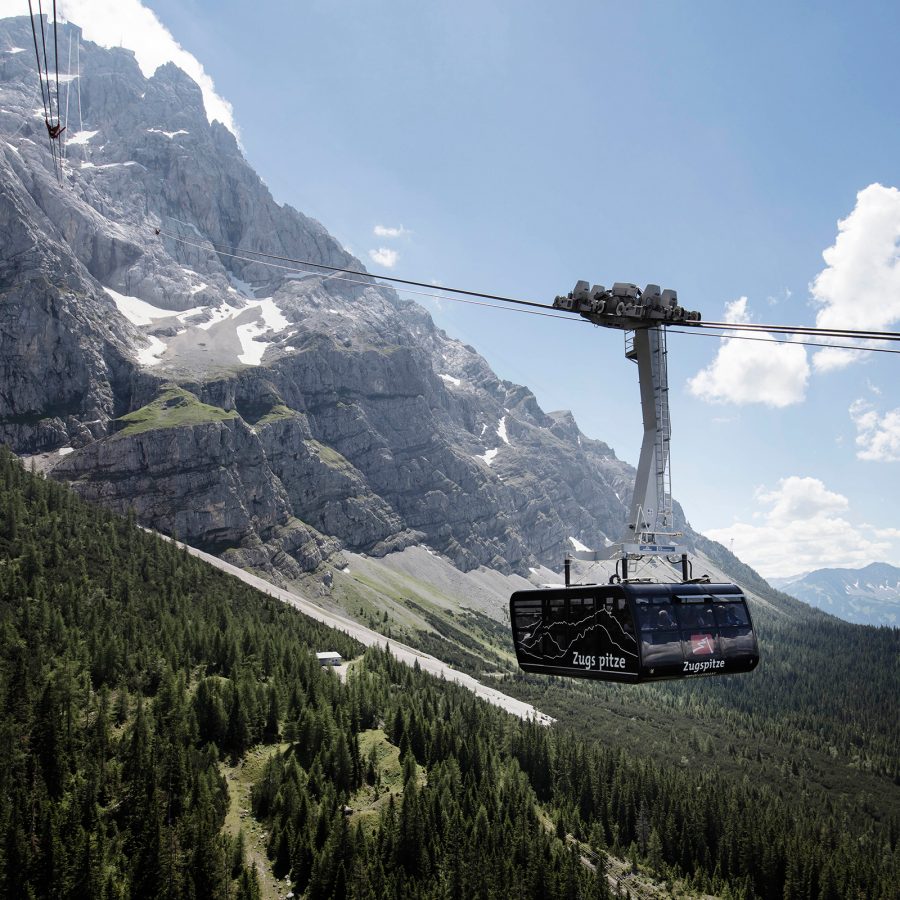 The Zugspitze cable car makes its way up the mountain in Grainau. 