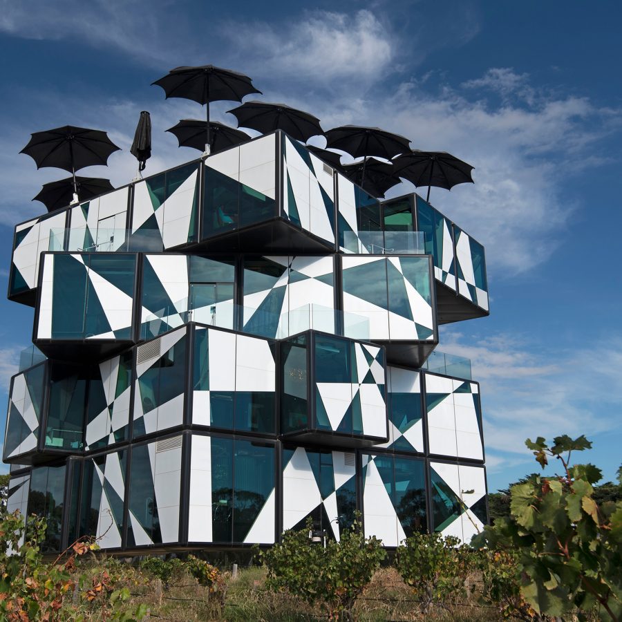 The d’Arenberg Cube is an unconventionally shaped building in the middle of a vineyard.