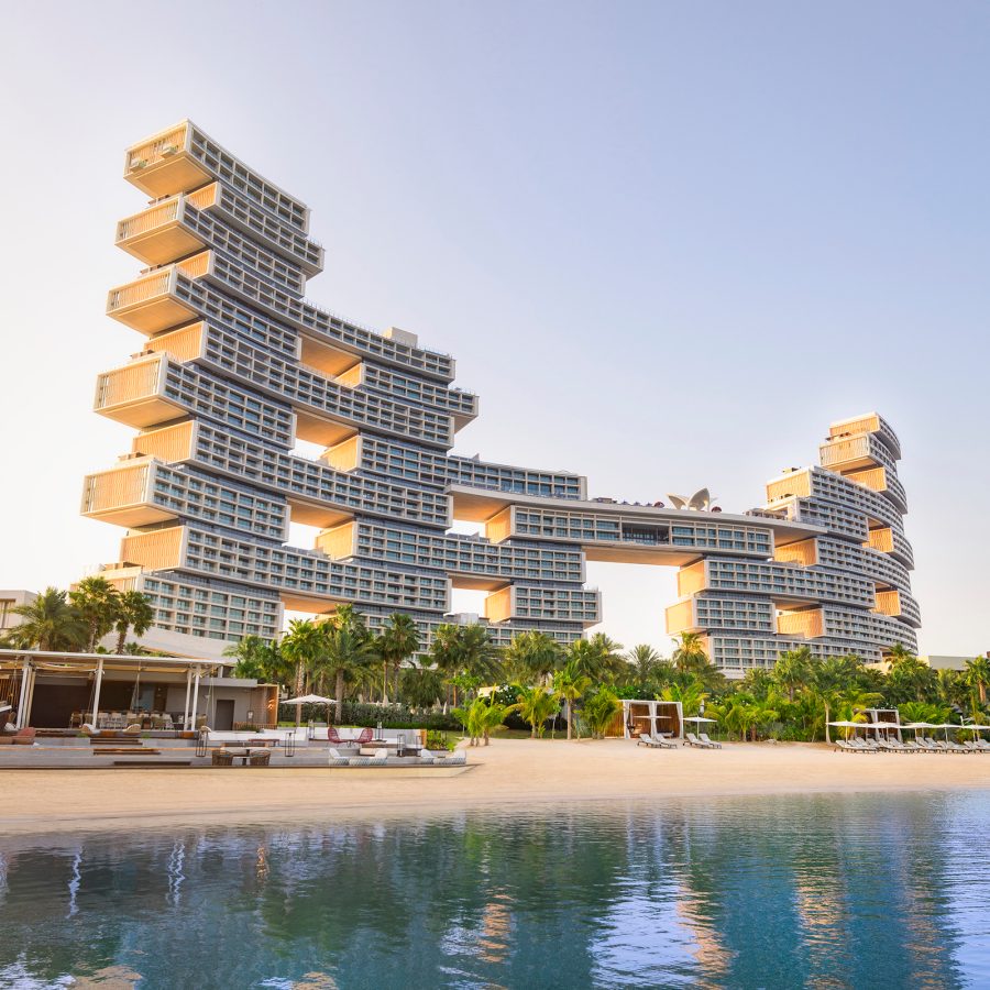 Exterior view of Atlantis The Rotal, Dubai hotel by the beach.