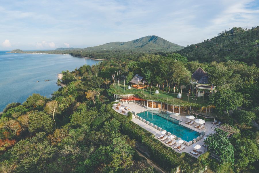 Aerial view of a swimming pool at Kamalaya Koh Samui in the daytime.
