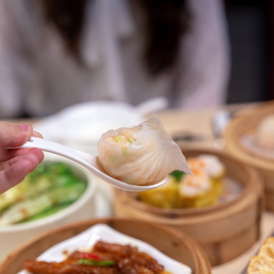 Person holding up a spoon with a dumpling on it.