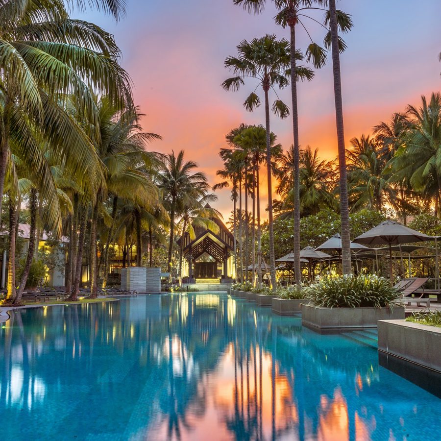 Sunset over the outdoor Anayata Wellbeing Pool in Phuket