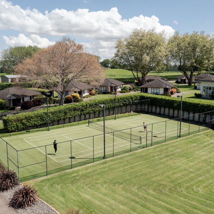 Aerial view of Resolution Retreats’ sport courts and grounds in New Zealand