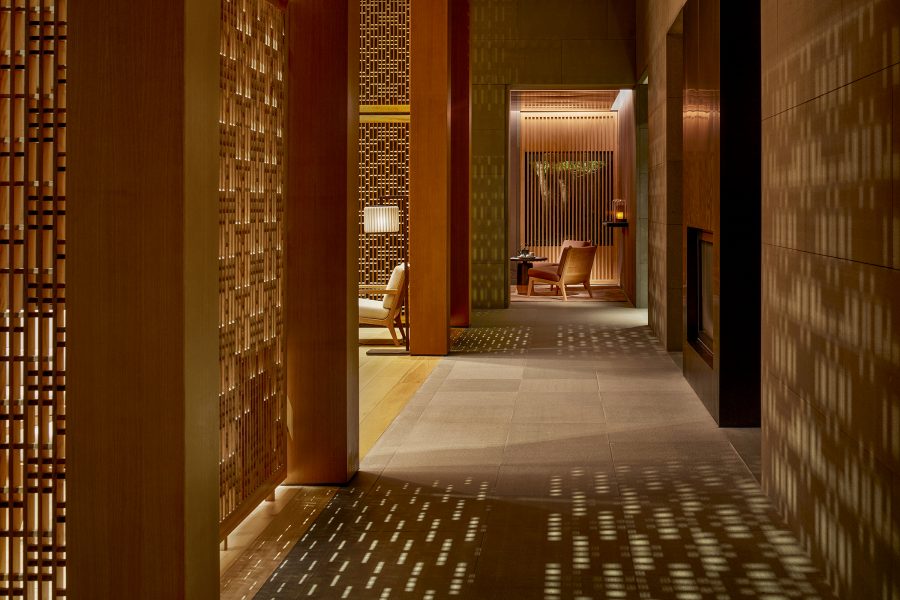 An interior view of the Chinese aesthetics with contemporary luxury and minimalist elements at Amanyangyun near Shanghai, China
