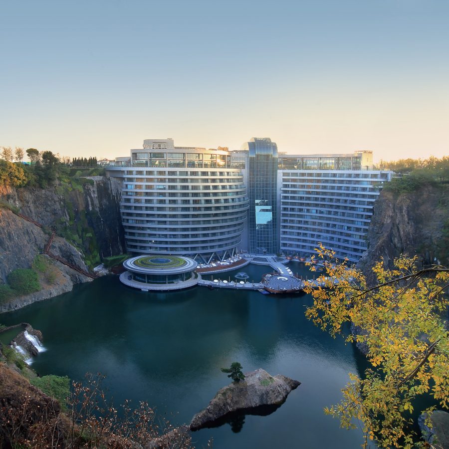 An exterior view of the InterContinental Hotels & Resorts Shanghai Wonderland built into a quarry in Songjiang in Shanghai, China 