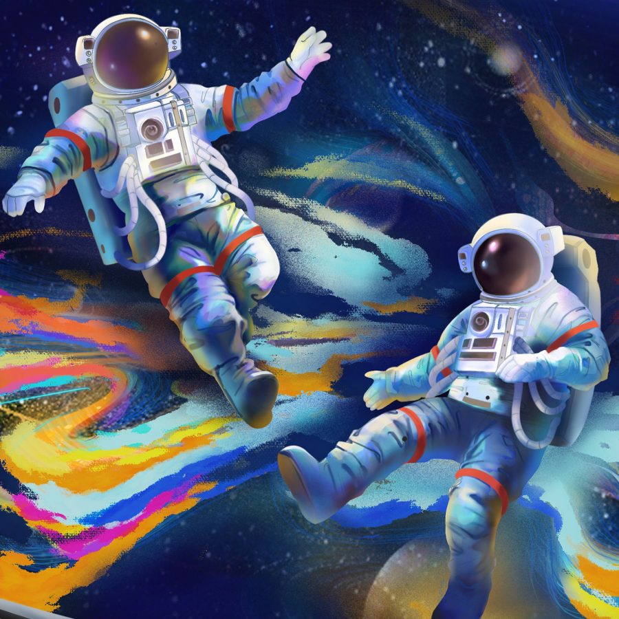 A picture of two astronauts flying in outer space as a woman looks out of a spaceship window at them.