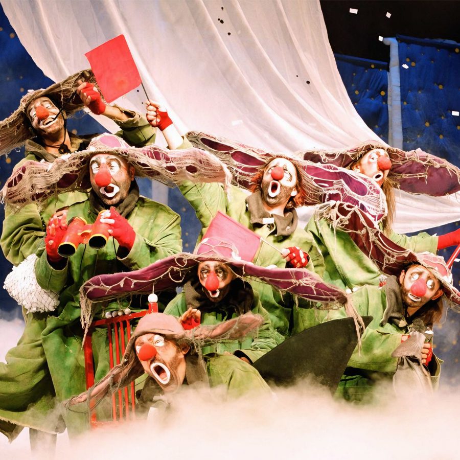 Performers wearing red noses, painted faces and green robes perform in Slava’s Snow Show set to be performed at Qionghua Theatre.