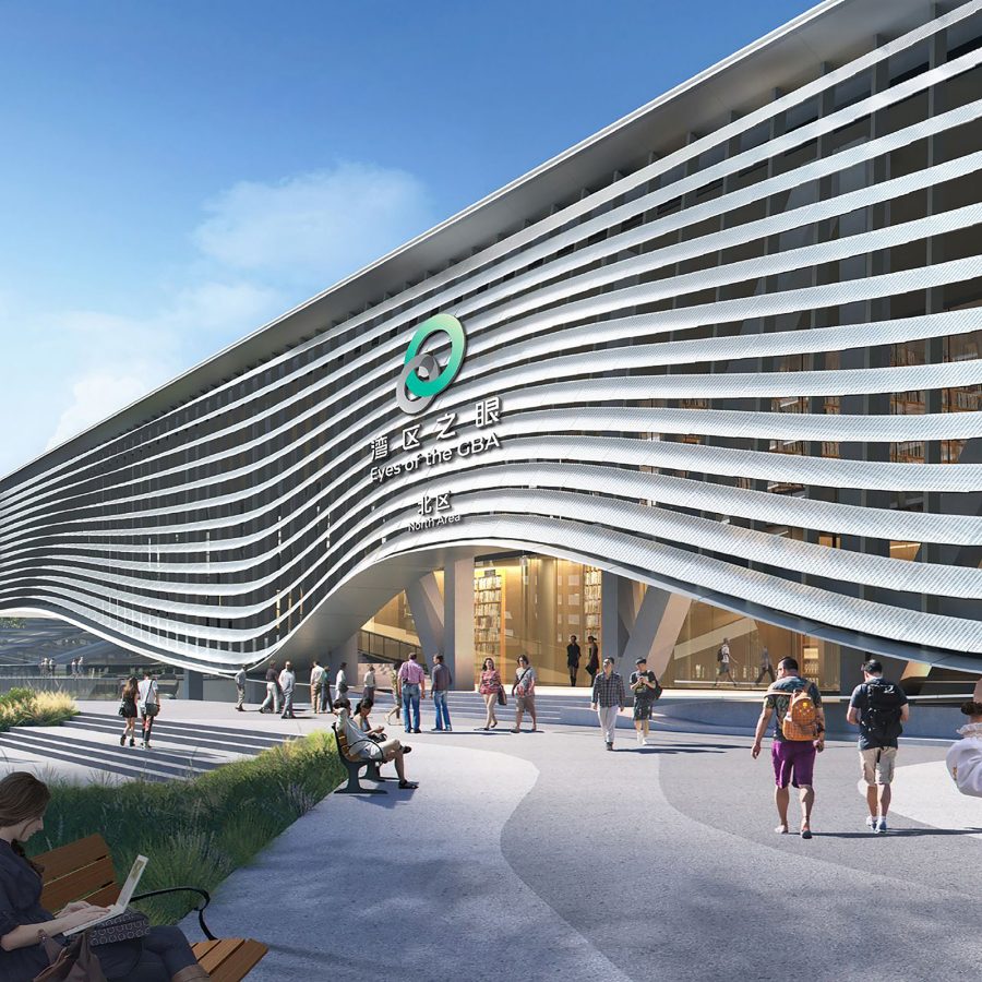 Exterior view of the wavy facade of the Shenzhen Book City Bay Area Store set to open.