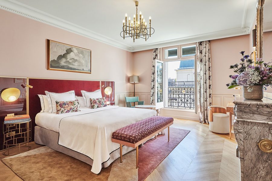A luxurious hotel room at the Grand Powers Hotel, Paris