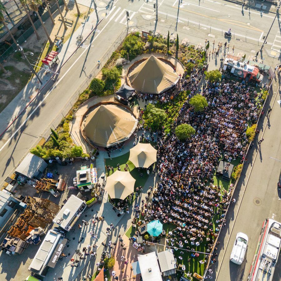 A topdown view of food truck park Spark Social SF in San Francisco on a sunny day