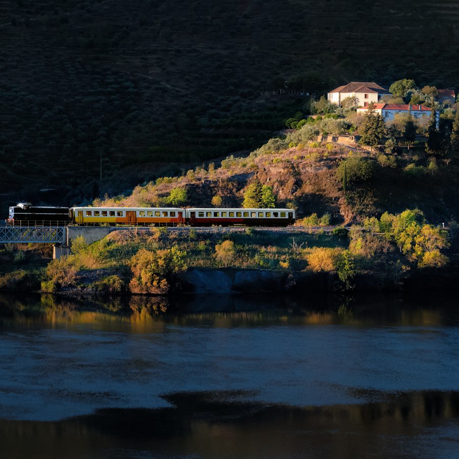 A train, part of the Douro Valley Line, is seen crossing over the water in the distance onto a peninsula.