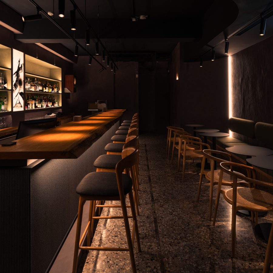 The dimly lit interior of Bar Pine in Taipei.