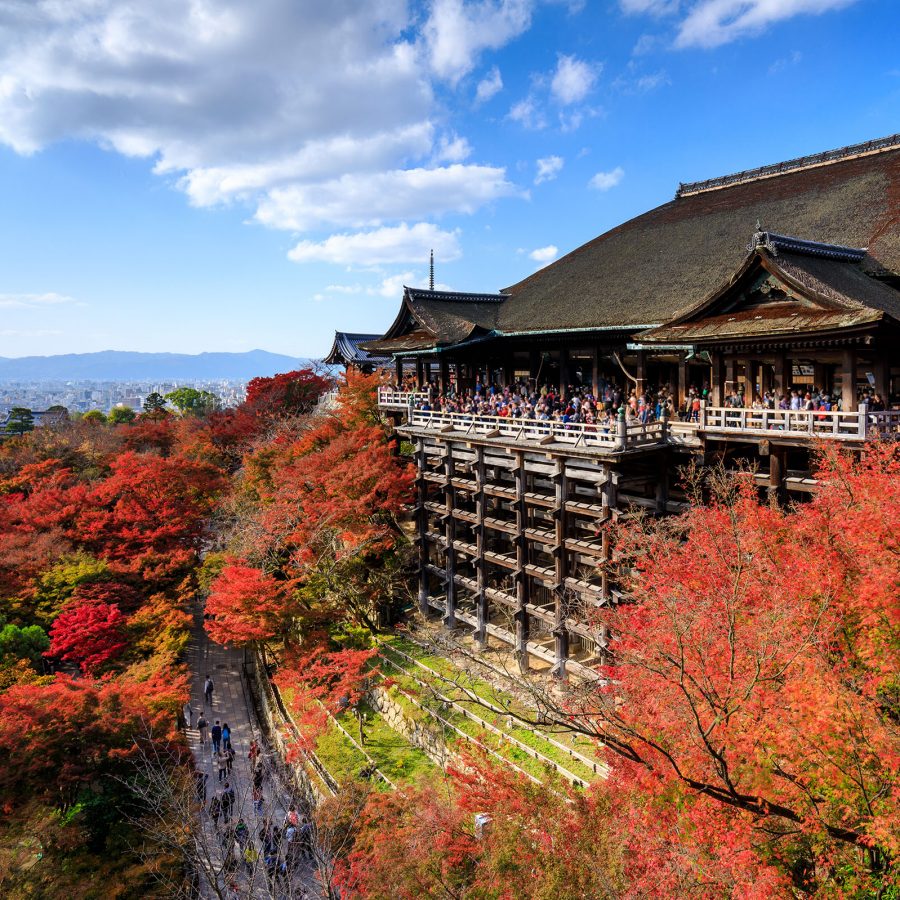 Kiyomizu-dera Temple near Osaka looks out at a valley of autumn leaves. 