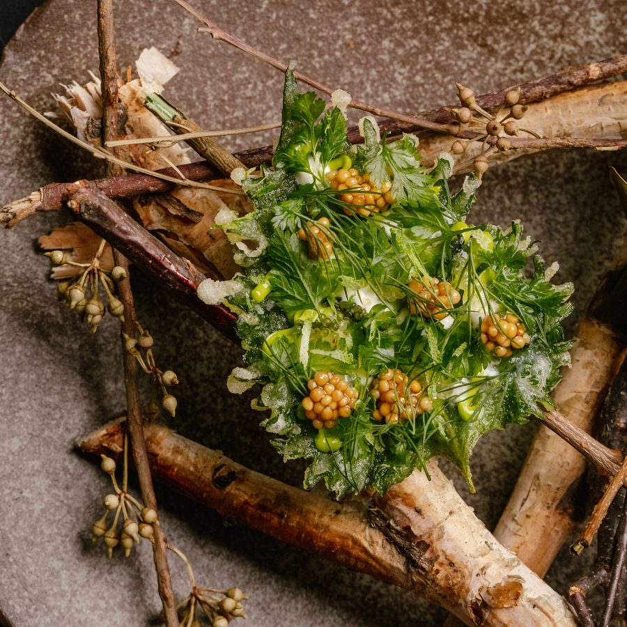 A mustard seed, shiso and sea grape dish served at Feuille in Hong Kong.
