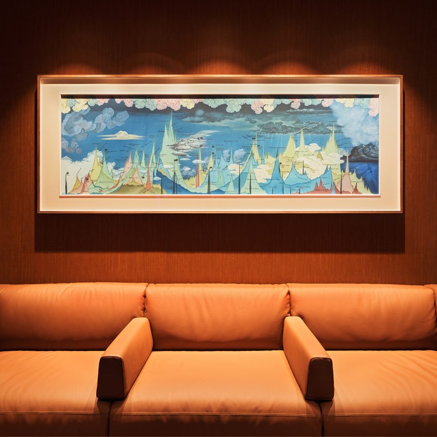 Xu Lei’s “World Cloud” hanging above a sofa at Cathay Pacific’s Beijing lounge.