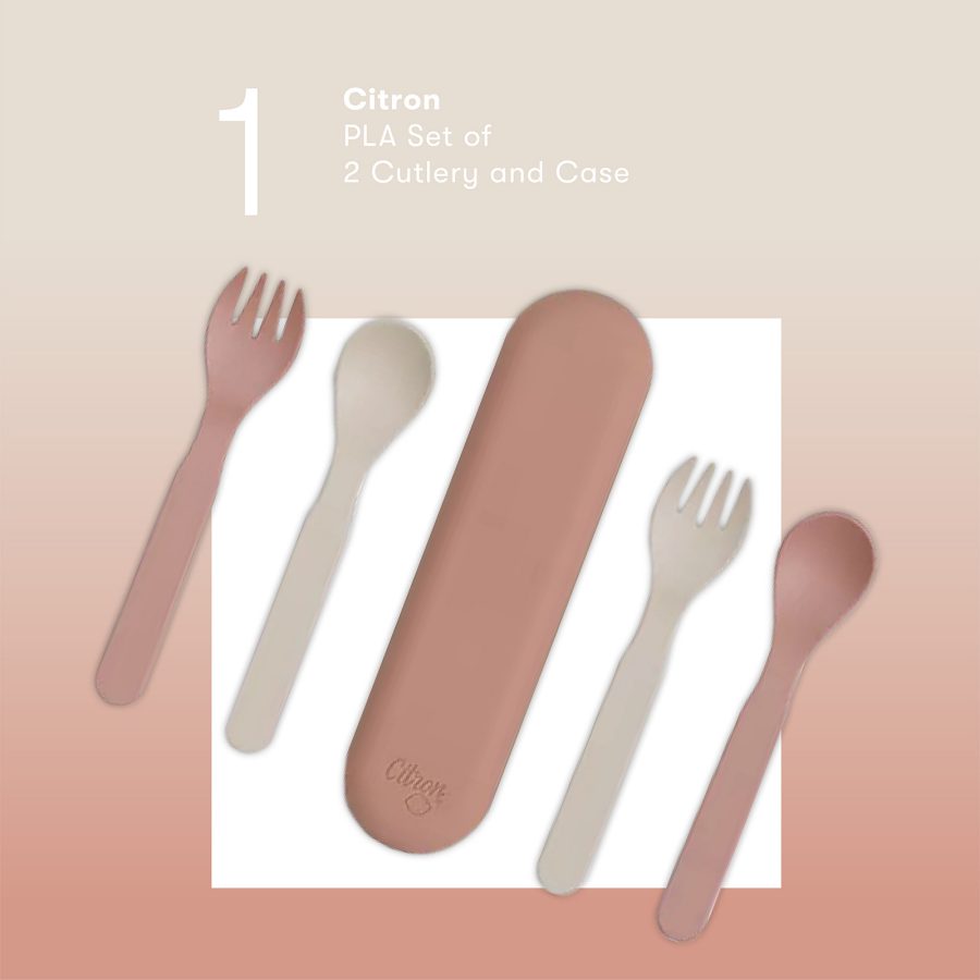 Product shot of the Citron PLA set of 2 cutlery and case.
