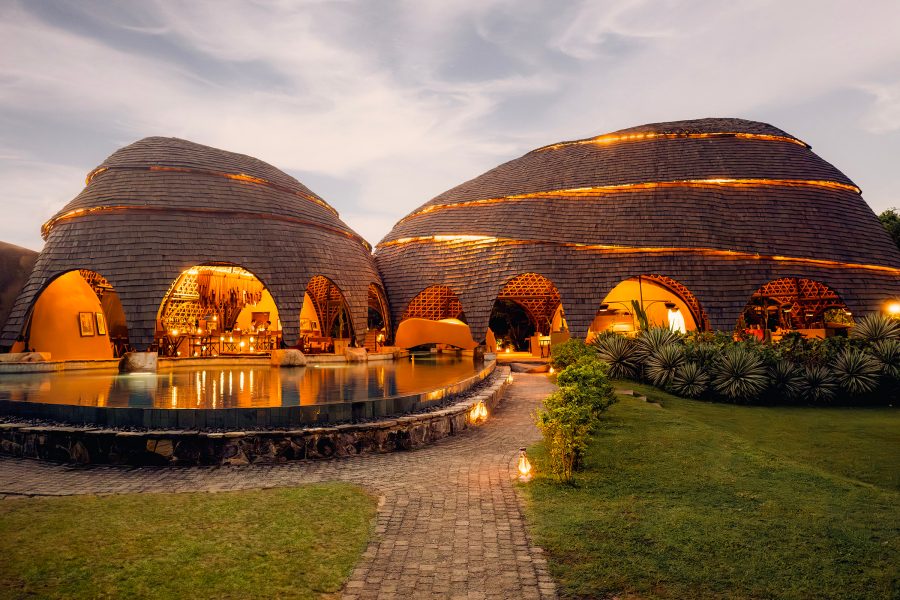 Exterior of a domed dining pavilion at Wild Coast Tented Lodge, Sri Lanka. 