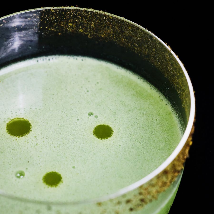 Close up on a green cocktail served at Bar Mind in Hong Kong.