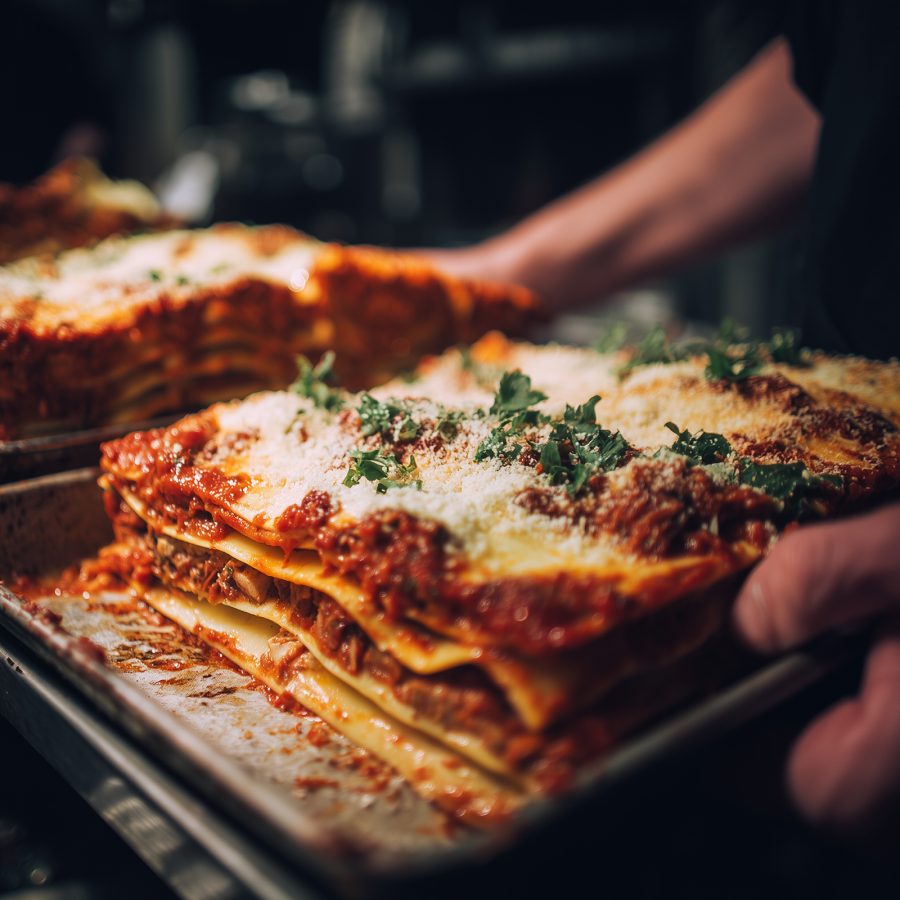 Freshly baked lasagnas being pulled out on trays at The Lasagna Factory