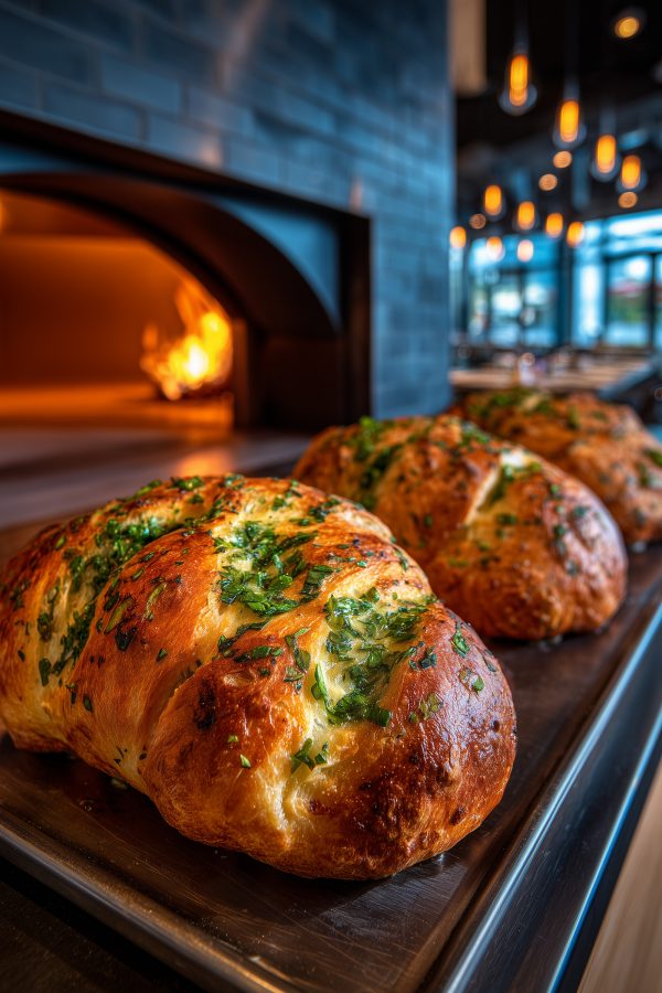 Loaves of bread sprinkled with herbs on a tray at The Lasagna Factory