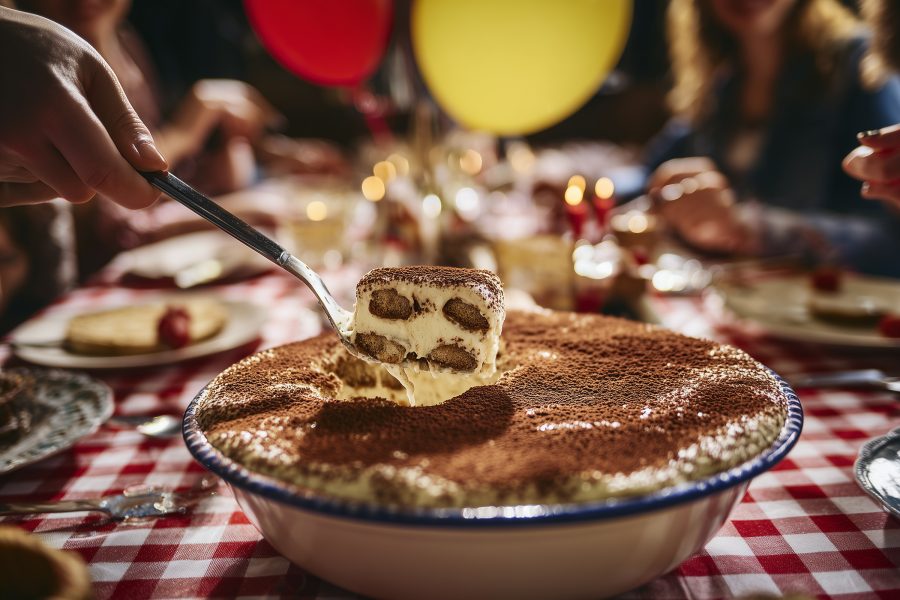 Person taking a spoonful of tiramisu from a white and blue bowl at The Lasagna Factory.
